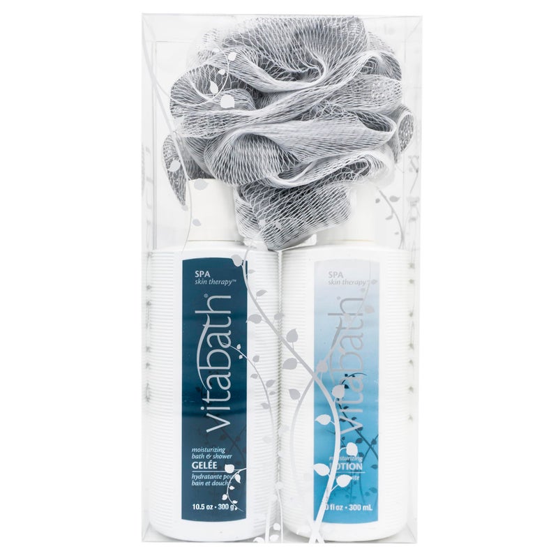 Vitabath Spa Skin Therapy Everyday Skincare Set Moisturizing Shower Gel Wash, Reviving Lotion & Exfoliating Body Scrubber Pouf - Refreshing Foam Cleanser & Dry Skin Hydration for Women & Men - Image 1
